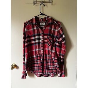 Abercrombie & Fitch Red Plaid Flannel Button Down Shirt Women Large Peplum Hem